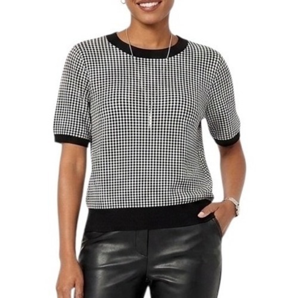 Anne Klein Womens Large Black White Geometric‎ Diamond Short Sleeve Knit Sweater